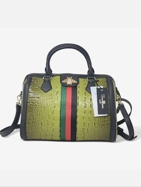 Sage Green Faux Croc Large Bee striped  Boston Bag